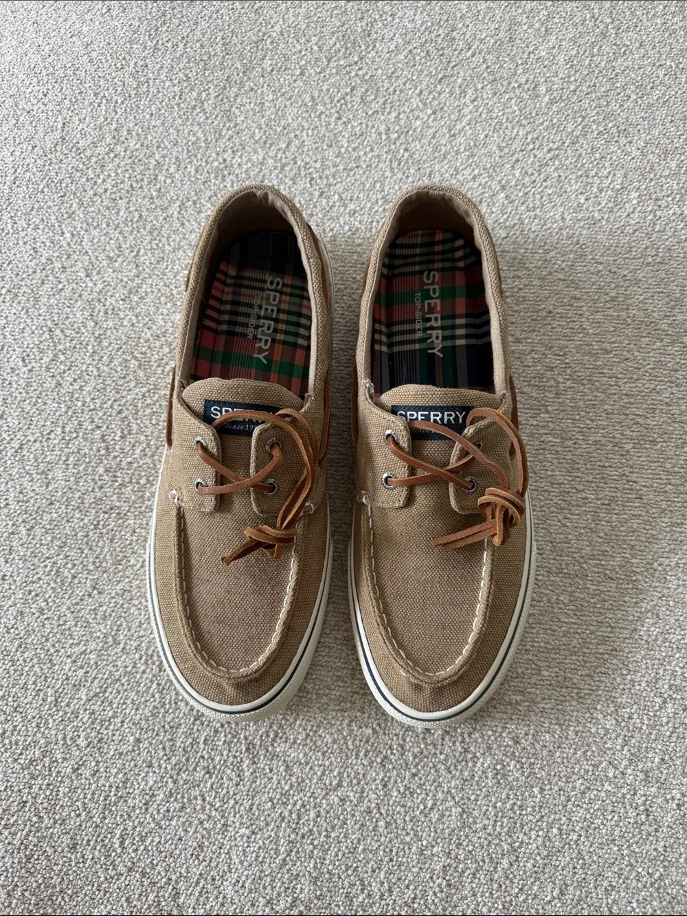 Men’s Sperry Tan Canvas & Brown Leather Lace Boat Shoes